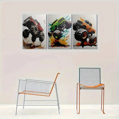 3pcs Monster Truck Colorful Red Green Metal Print Ready to Hang Art