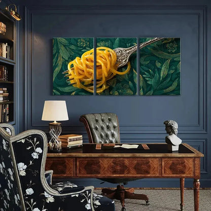 3pcs Elegant Silvery Fork Golden Noodles Metal Print Ready to Hang Art