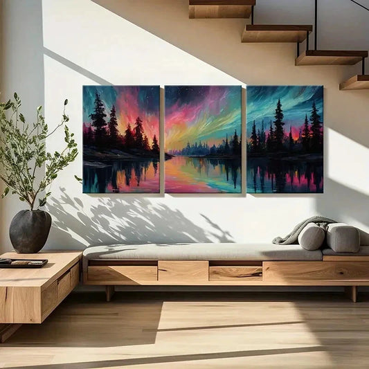3pcs Lights Forest Reflection Vibrant Colors Metal Print Ready to Hang Art