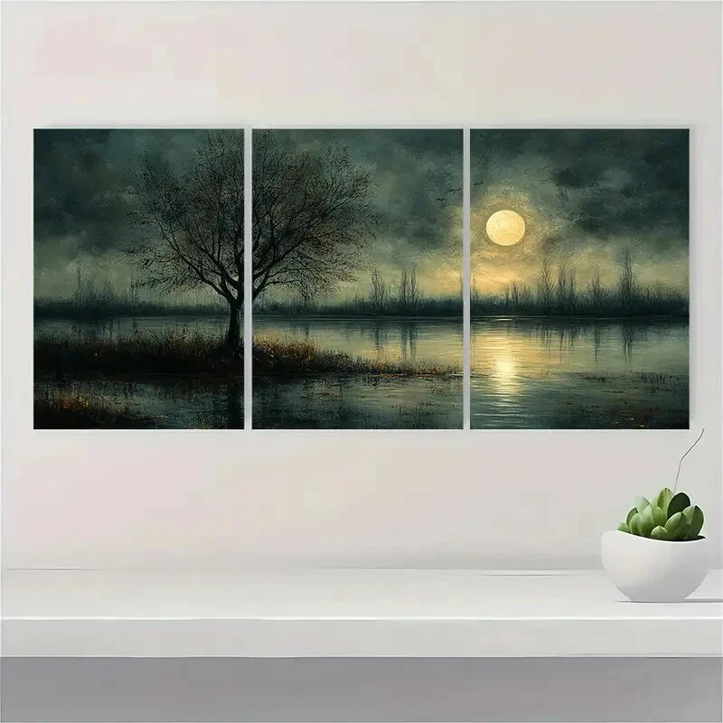 3pcs Moonlit Landscape Painting Dark Neutral Tones Metal Print Ready to Hang Art