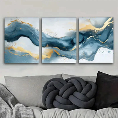 3pcs Abstract Blue-Golden Wave Flowing Design Metal Print Ready to Hang Art