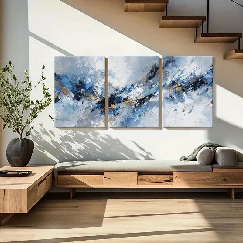 3pcs Abstract Art Blue White Textured Poster Metal Print Ready to Hang Art