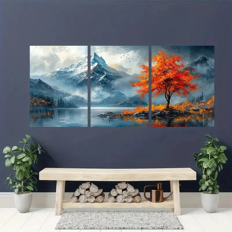 3pcs Mountain Landscape Textured Oil Painting Metal Print Ready to Hang Art