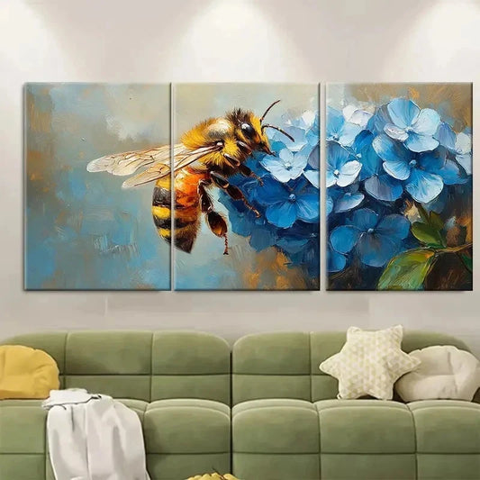 3pcs Hydrangea Painting Honeybee V Wall Art Set Canvas Framed 50x70cm - High Quality Print 100% Australian Made Wall Canvas Ready to Hang