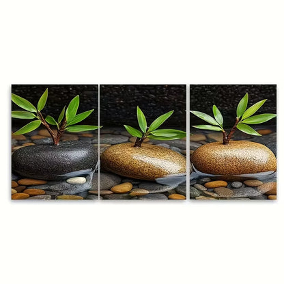 3pcs Bamboo Branches Stones Spa Atmosphere Metal Print Ready to Hang Art