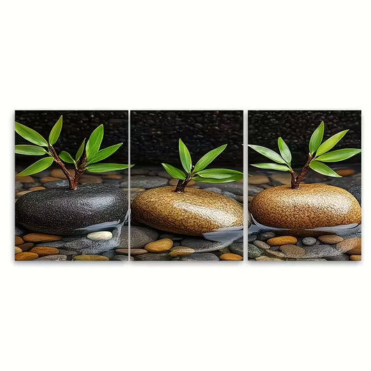 3pcs Bamboo Branches Stones Spa Atmosphere Metal Print Ready to Hang Art