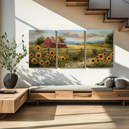 3pcs Rustic Barn Sunflowers Rolling Hills Metal Print Ready to Hang Art
