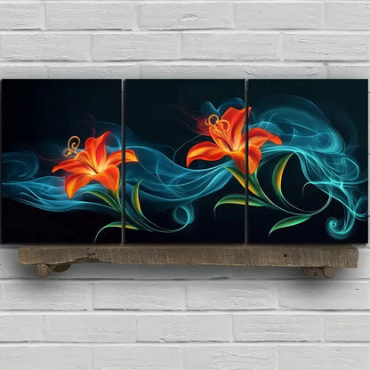 3pcs Beautiful Flowers Orange Blue Metal Print Ready to Hang Art