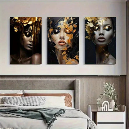 3pcs Golden Floral Portrait Women Décor Perfect Wall Art Set Canvas Framed 40x60cm - High Quality Print 100% Australian Made Wall Canvas Ready to Hang