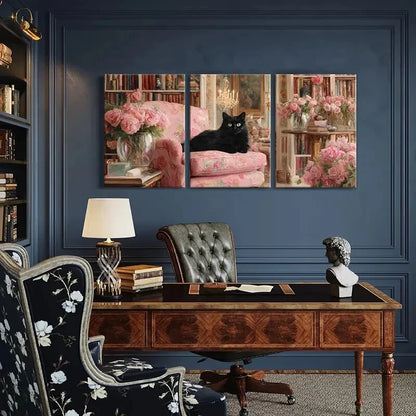 3pcs Vintage Elegant Black Cat Pink Roses Metal Print Ready to Hang Art
