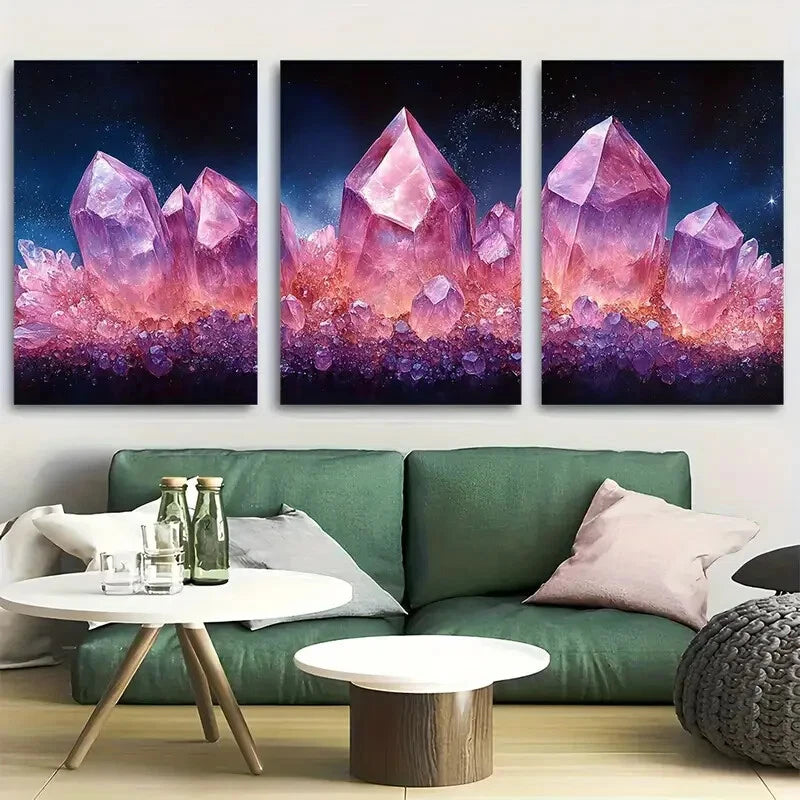 3pcs Whimsical Pink and Purple Crystal Metal Print Ready to Hang Art