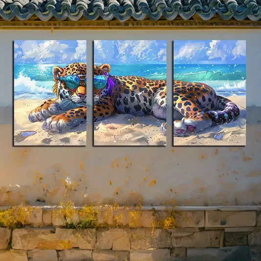 3pcs Cartoonish Leopard in Beach Scene Metal Print Ready to Hang Art