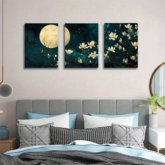 3pcs Elegant Dark Teal & Golden Floral Metal Print Ready to Hang Art