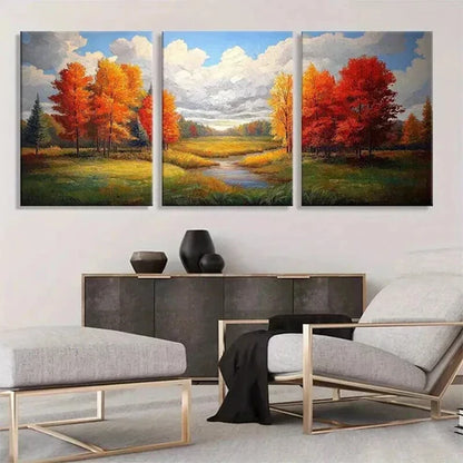 3pcs Flowing Stream and Golden Foliage Prefect Wall Art Canvas Unframed - High Quality Print 100% Australian Made Wall Canvas