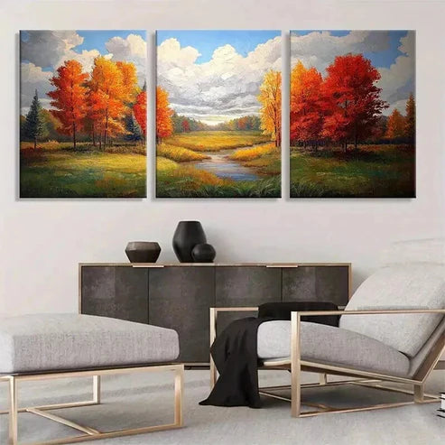 3pcs Flowing Stream and Golden Foliage Prefect Wall Art Canvas Unframed - High Quality Print 100% Australian Made Wall Canvas