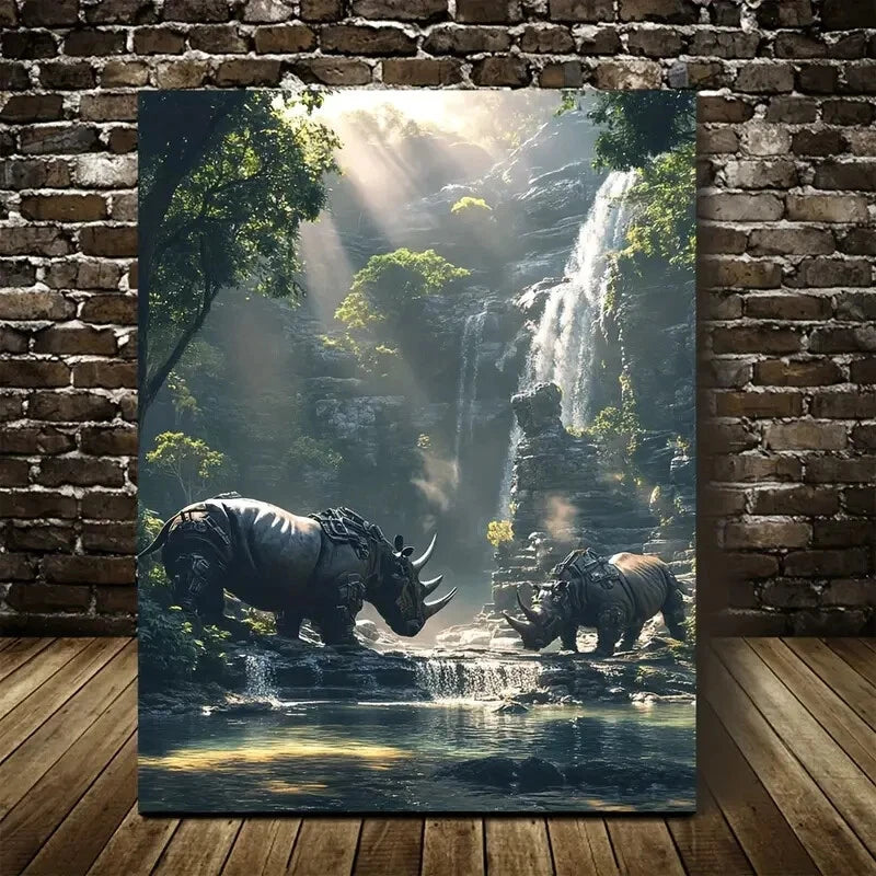 Rhino Scene with Waterfall & Sunlit Trees Painting 40x60cm Metal Print Ready to Hang