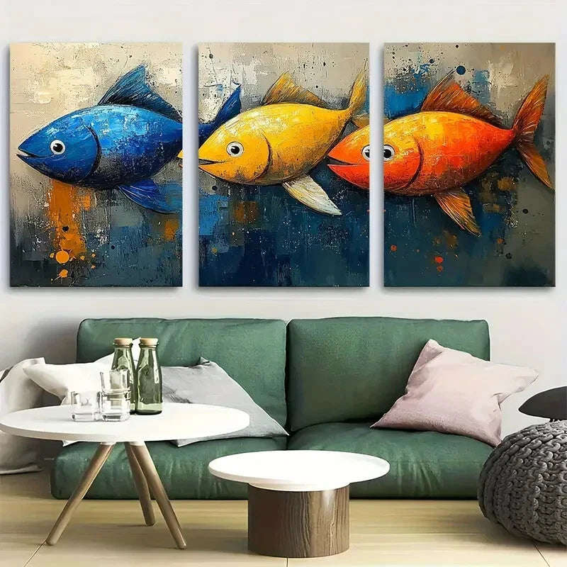 3pcs Abstract Blue Sea with Vibrant FIsh Design Metal Print Ready to Hang Art