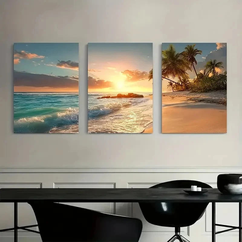 3pcs Sunset on an Exotic Island Beach Poster Metal Print Ready to Hang Art
