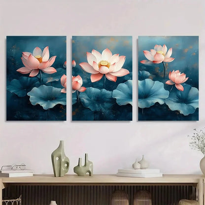 3pcs Lotus Modern Abstract Painting Metal Print Ready to Hang Art