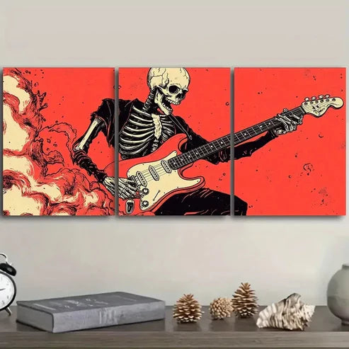 3pcs A skeleton playing an electric guitar Wall Art Set Canvas Unframed - High Quality Print 100% Australian Made Wall Canvas