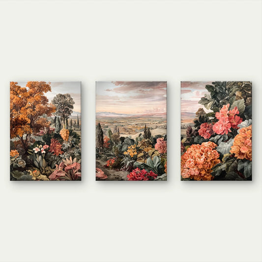 3pcs Vintage Botanical Landscape & Floral Garden Wall Art Set Canvas Framed 50x70cm - High Quality Print 100% Australian Made Wall Canvas Ready to Hang