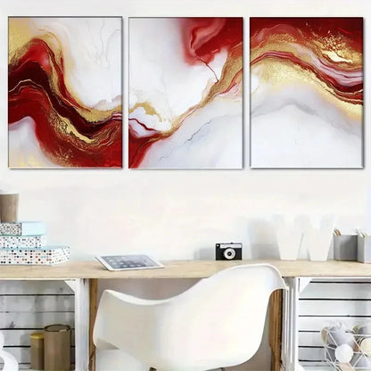 3pcs Abstract Red and Golden Wall Art Set Metal Print Ready to Hang Art