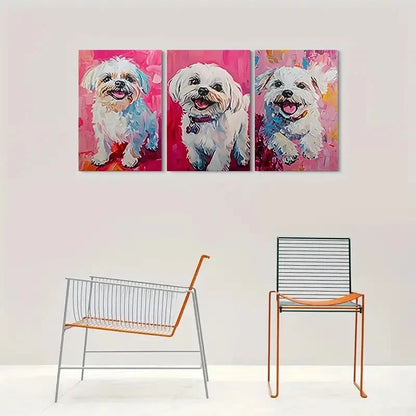 3pcs Vibrant Pink Blue & White Dog Breeds Metal Print Ready to Hang Art