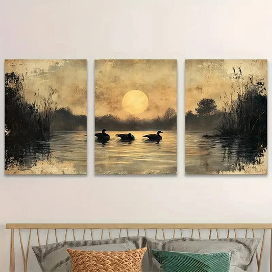 3pcs Pond Antique Classic Nature Décor Perfect Wall Art Set Canvas Framed 40x60cm - High Quality Print 100% Australian Made Wall Canvas Ready to Hang