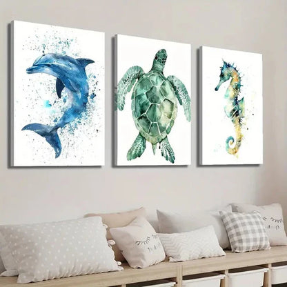3pcs Pacific Dolphin Green Turtle and Seahorse Wall Art Set Canvas Unframed - High Quality Print 100% Australian Made Wall Canvas