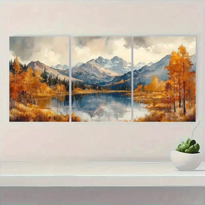 3pcs Vibrant Autumn Scenery with Aspen Trees Metal Print Ready to Hang Art