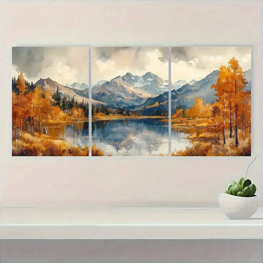 3pcs Vibrant Autumn Scenery with Aspen Trees Metal Print Ready to Hang Art