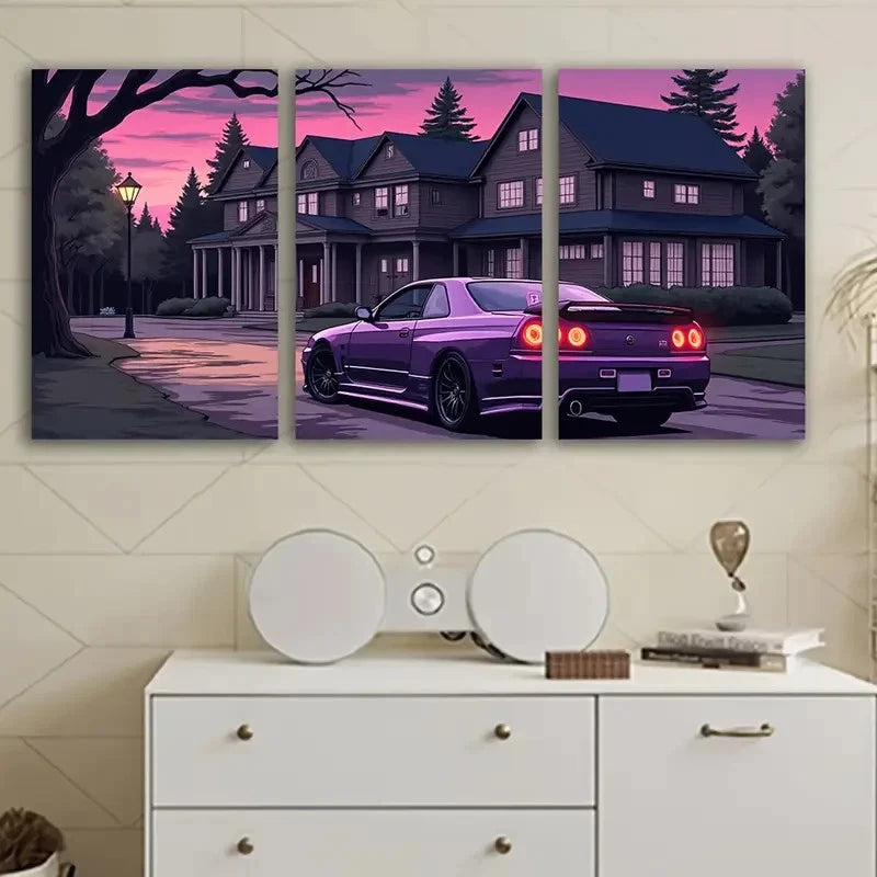 3pcs Purple Sports Car Wall Art Set Canvas Framed 40x60cm - High Quality Print 100% Australian Made Wall Canvas Ready to Hang
