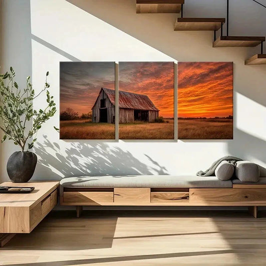 3pcs Rustic Barn Sunset Sky Landscape Art Metal Print Ready to Hang Art