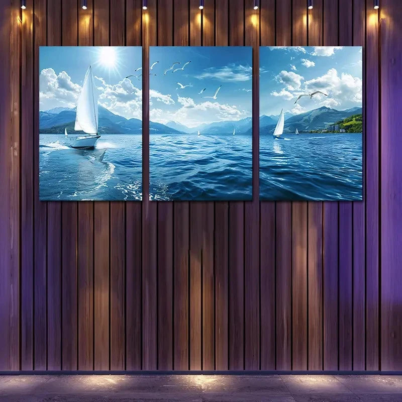 3pcs Australian Sea Sailboat and Mountainous Wall Art Set Canvas Framed 60x90cm - High Quality Print 100% Australian Made Wall Canvas Ready to Hang