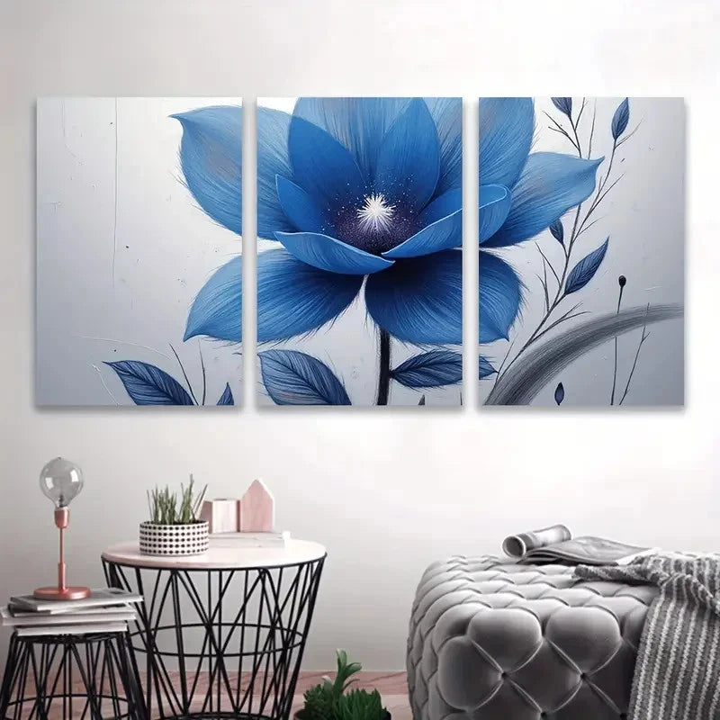 3pcs Blue Flower Artwork Wall Art Set Canvas Framed 50x70cm - High Quality Print 100% Australian Made Wall Canvas Ready to Hang