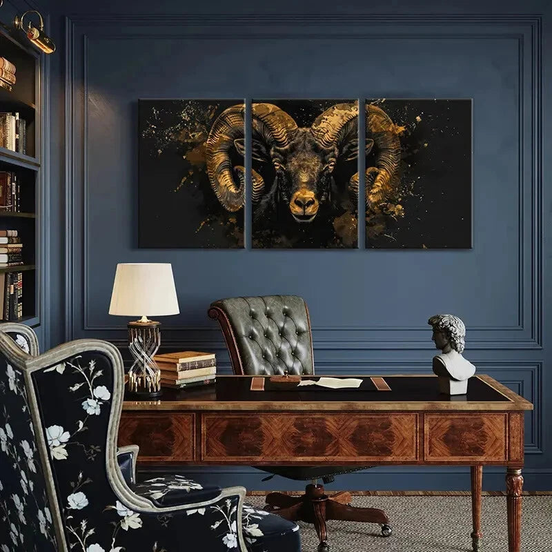 3pcs Abstract Golden Ram Artistic Splatter Metal Print Ready to Hang Art