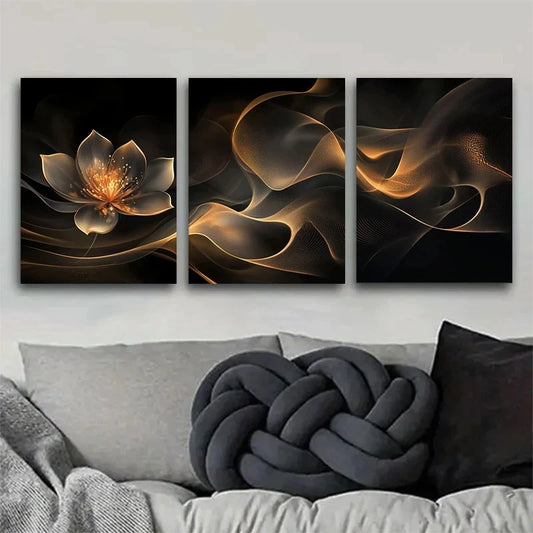 3pcs Abstract Golden Flower Black and Golden Metal Print Ready to Hang Art