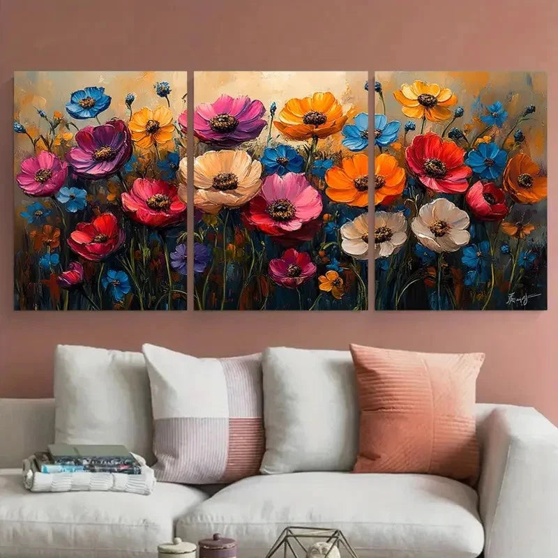 3pcs Vibrant Summer Floral Illustration Wall Art Set Canvas Framed 50x70cm - High Quality Print 100% Australian Made Wall Canvas Ready to Hang