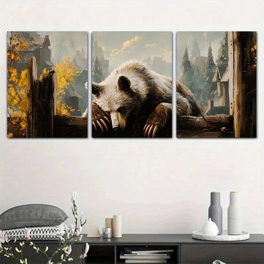 3pcs Realistic Bear Forest Autumn Metal Print Ready to Hang Art