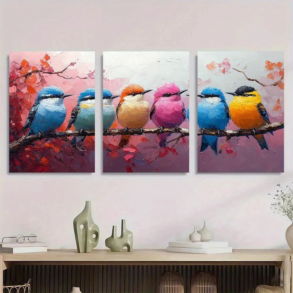 3pcs Vibrant Birds Family Theme Colorful Metal Print Ready to Hang Art