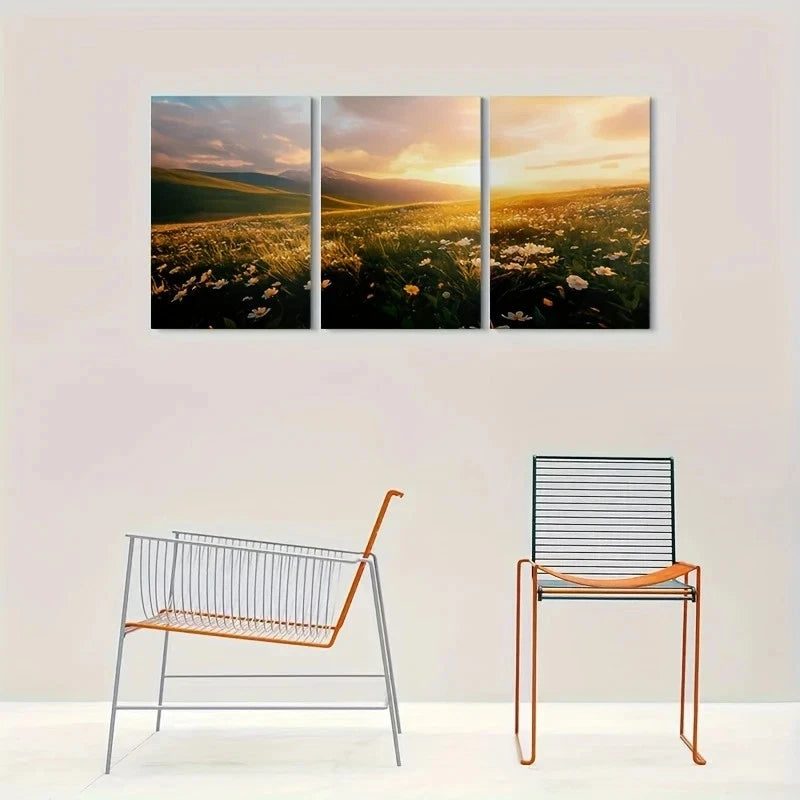 3pcs Sunset Over Flowery Fields Metal Print Ready to Hang Art