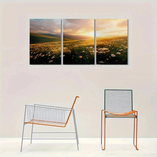 3pcs Sunset Over Flowery Fields Metal Print Ready to Hang Art