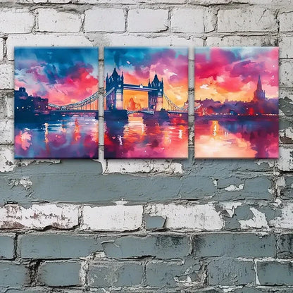 3pcs London Bridge Vibrant Sunset Metal Print Ready to Hang Art
