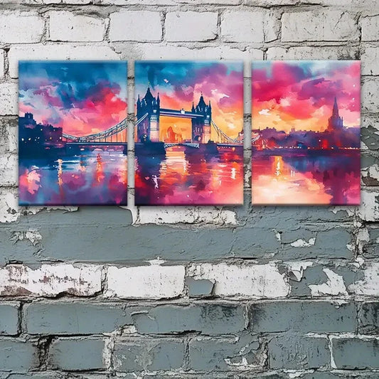 3pcs London Bridge Vibrant Sunset Metal Print Ready to Hang Art