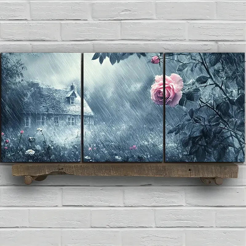 3pcs Rose in the Rain Farmhouse Metal Print Ready to Hang Art