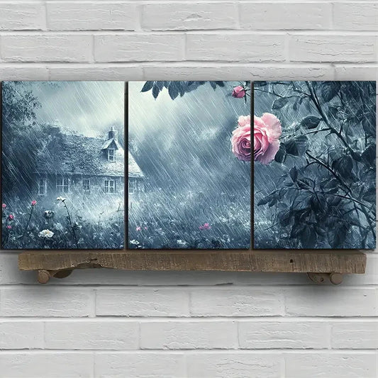 3pcs Rose in the Rain Farmhouse Metal Print Ready to Hang Art