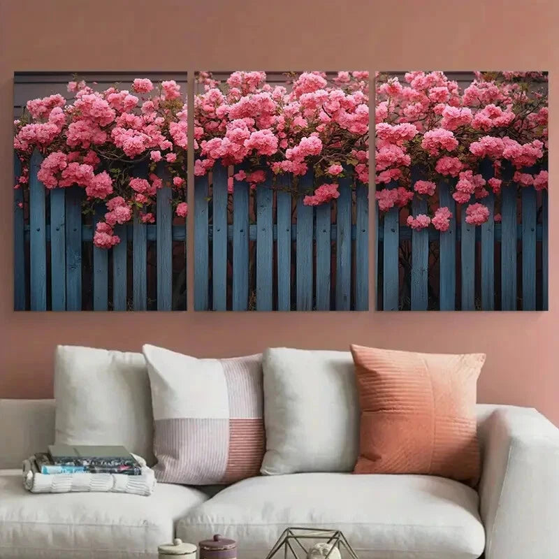 3pcs Pink Floral Growing Around Fencing Metal Print Ready to Hang Art