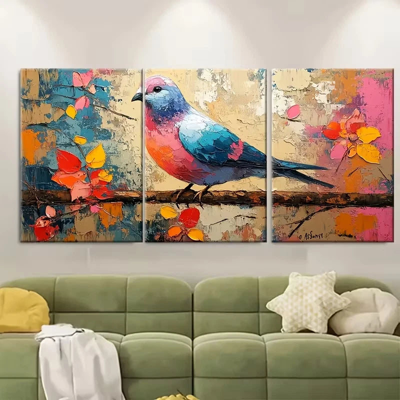 3pcs Colorful Pigeon Impasto Painting Metal Print Ready to Hang Art