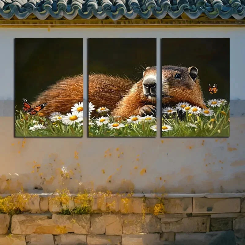 3pcs Vibrant Otter and Butterfly on Floral Bed Metal Print Ready to Hang Art