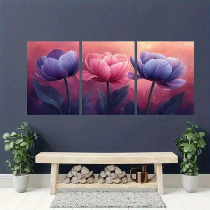 3pcs Pink & Purple Flowers with Green Leaves Metal Print Ready to Hang Art